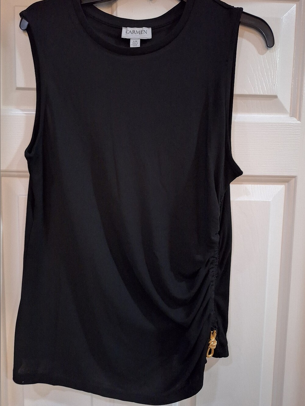 Carmen Black Sleeveless Tank with Side Ruche and Gold Charm